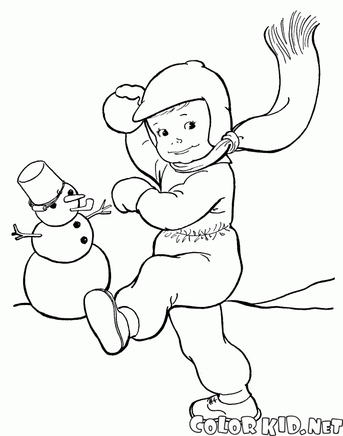 dibujo para colorear  el muchacho lanza una bola de nieve