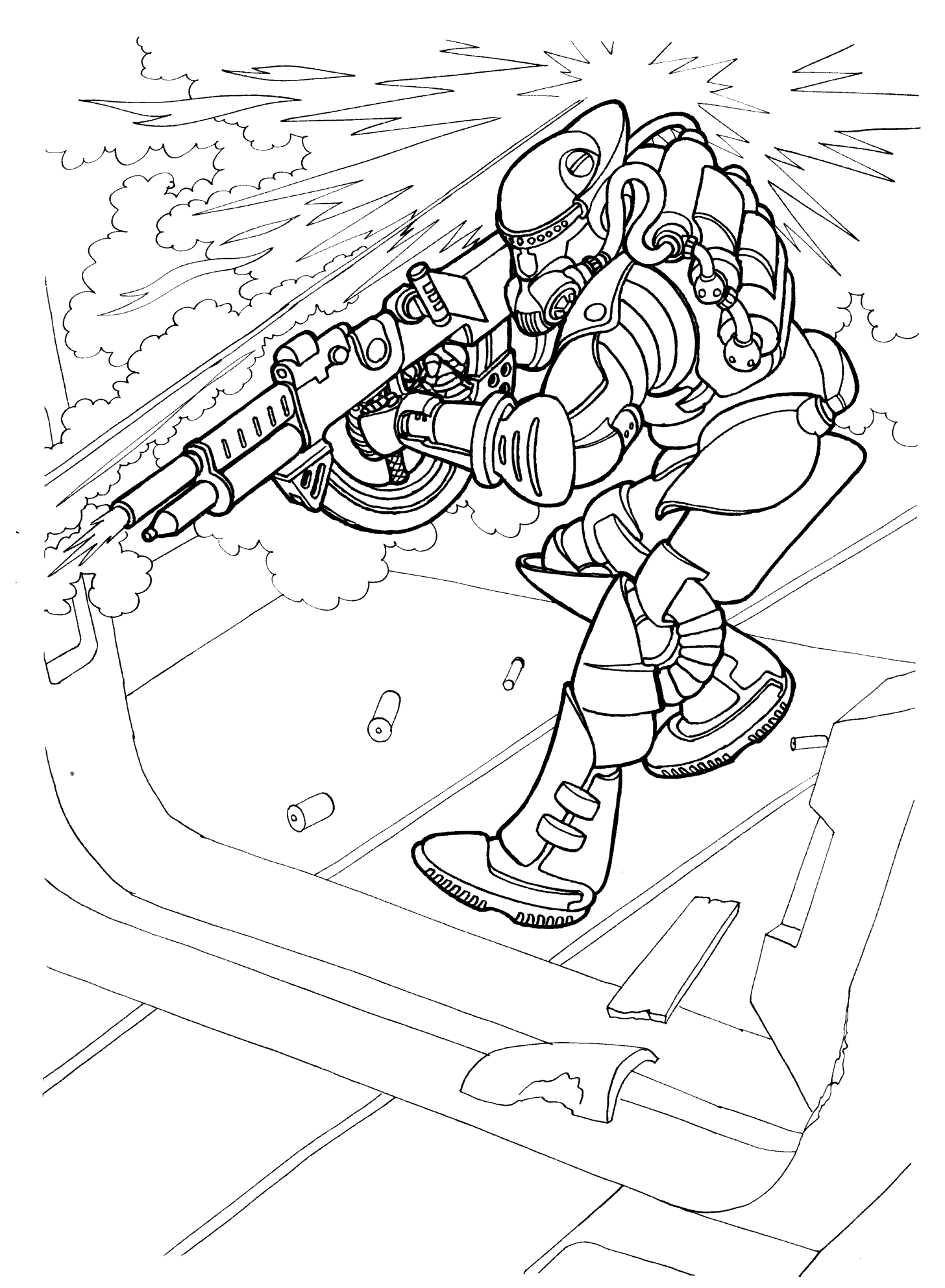 Dibujo para colorear - El soldado del futuro en la acción