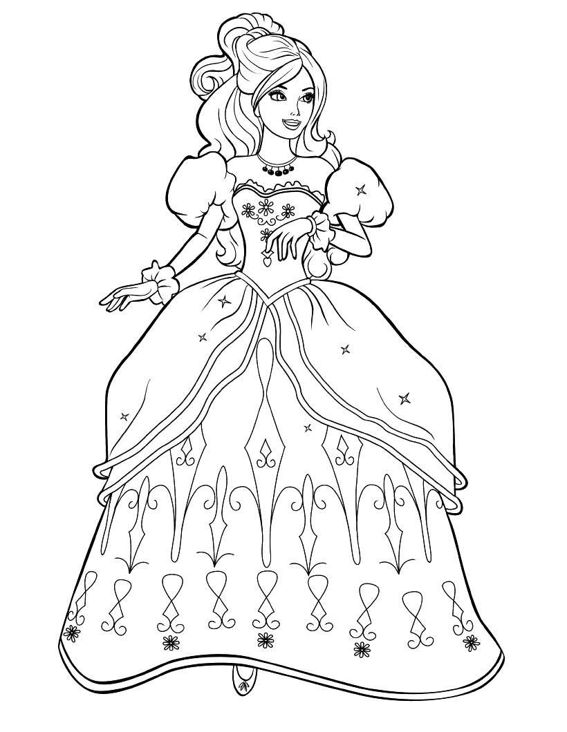 Dibujo para colorear - Barbie en el vestido exuberante