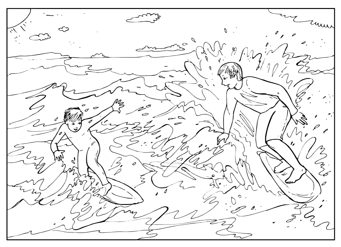 Dibujo para colorear El practicar surf en el mar