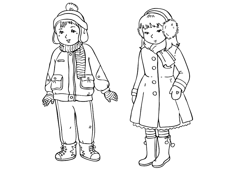 Dibujo para colorear - Los niños en ropa de invierno