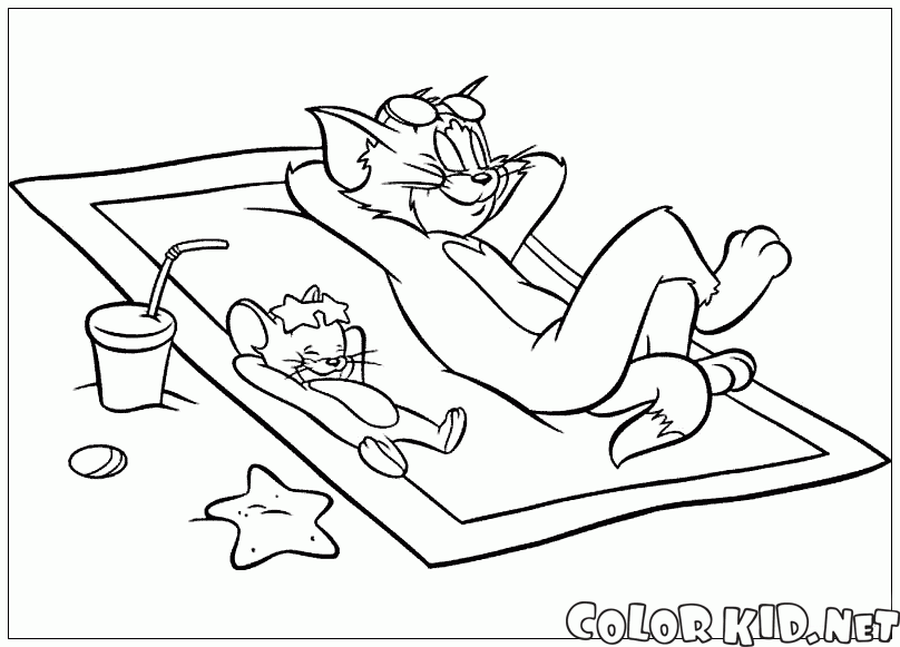 Dibujo para colorear - Tom y Jerry en la playa