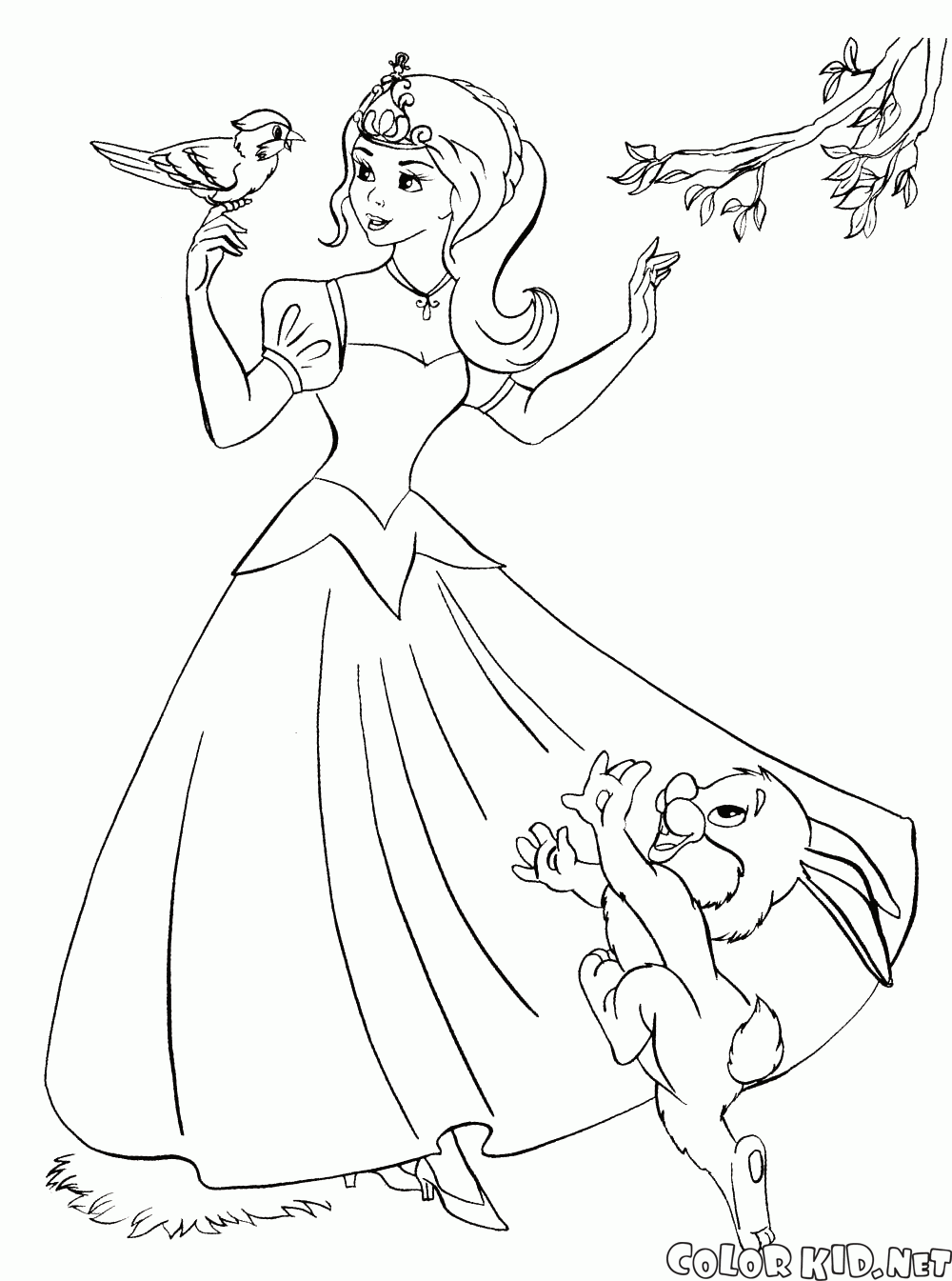 Dibujo para colorear - La princesa y los buenos animales