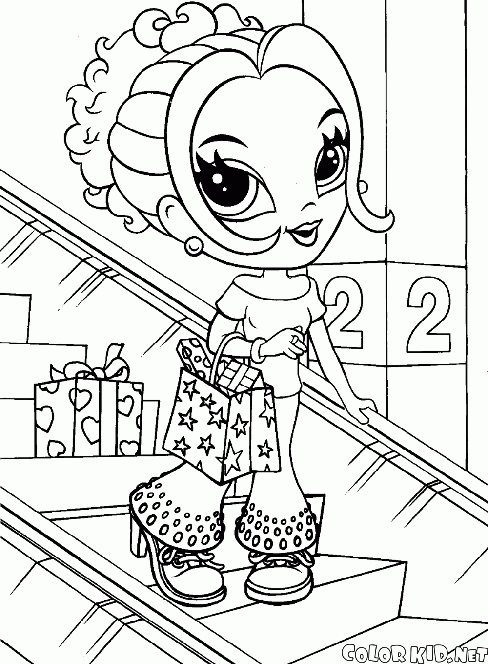 Dibujo para colorear - La niña en una tienda de ropa