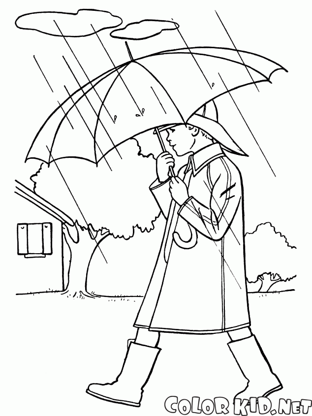 Dibujo para colorear - El niño está caminando bajo la lluvia