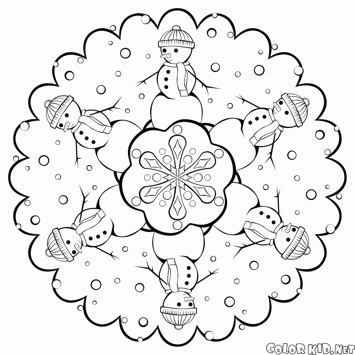 Dibujo para colorear - Copo de nieve con muñecos de nieve
