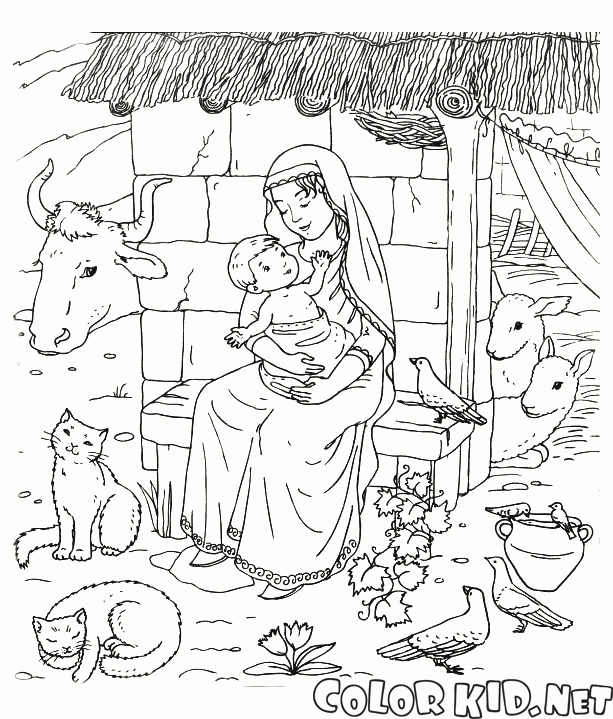 Dibujo para colorear - Jesús y la Virgen María