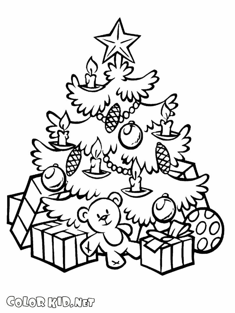 Dibujo para colorear - Árbol de Navidad y muchos regalos
